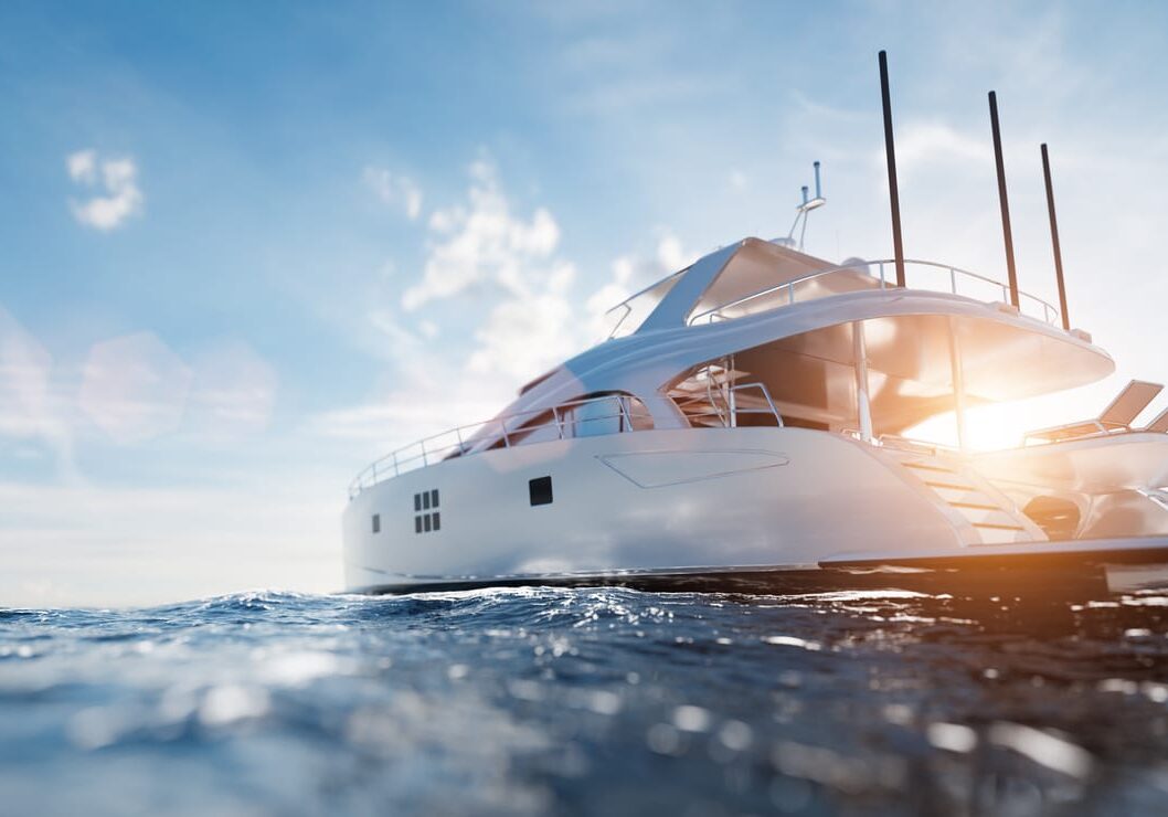 Catamaran motor yacht on the ocean Catamaran motor yacht on the ocean at sunny day